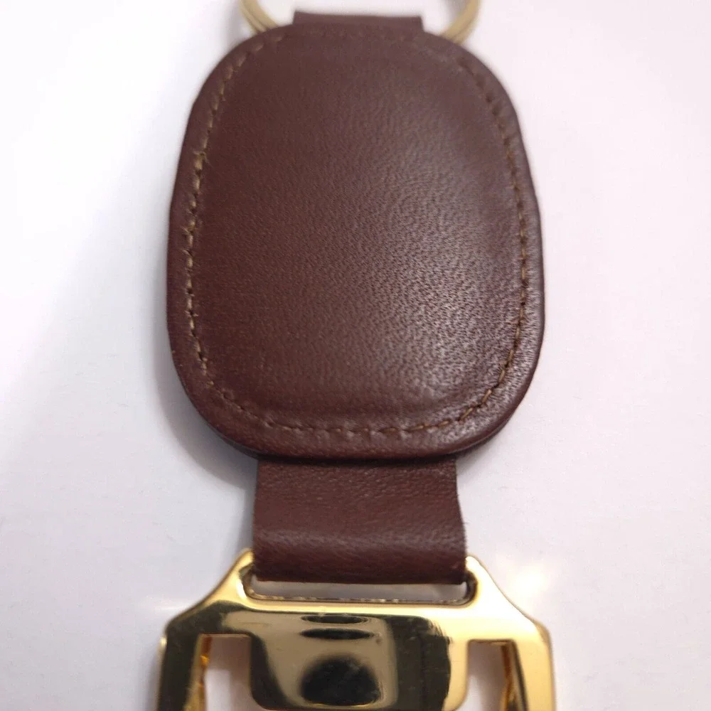 NICE Vintage Brown Leather‎ Gold Keychain Key Chain Ring Loop Holder Logo Tether